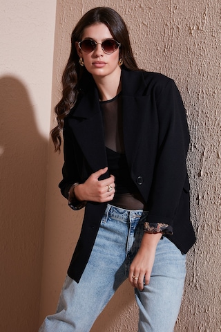 Lela Regular Fit Mono Yaka Desenli Astar Detaylı Blazer Bayan Ceket 6524430 Siyah