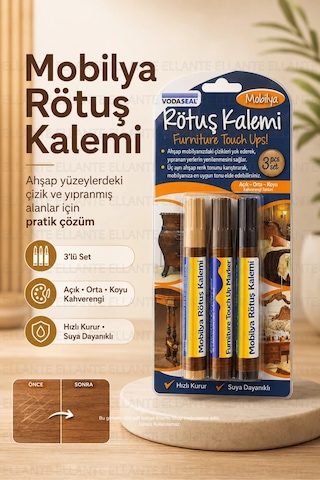 Mobilya Rötuş Kalemi 3'lü Set Ahşap Çizik Giderici Tamir Kalemi Açık, Orta Ve Koyu Kahverengi