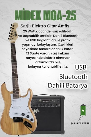 Midex Rph-320wd-25amp Ahşap Renk Strat Kasa Sss 25w Amfili Elektro Gitar Seti