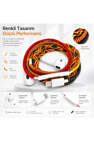 Apple iPhone Uyumlu 11-12-13-14-pro Ve Max Uyumlu Kulak İçi Kablolu Lüx Kulaklık Sarı Kırmızı Çok Rengli Kablolu İp Örgülü Desenli Kulaklık İplikli Apple iPhone Uyumlu Çok Renkli Mikrofonlu,ses Kontrollü Apple İos Uyumlu 2025 Pro Kulaklık