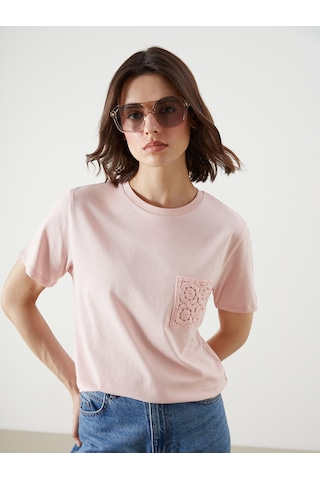 Lcw Vision Pembe Dantel Cepli %100 Pamuklu Kadın Tişört