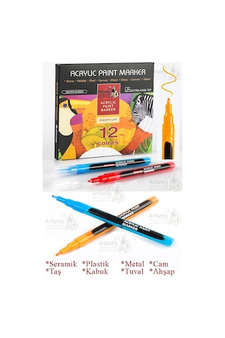 12 Renk Akrilik Markör Keçeli Kalem 1 Adet 12 Li Acrylic Paint Marker Taş Cam Metal Seramik Plastik Tuval Ahşap 0.5 Cm