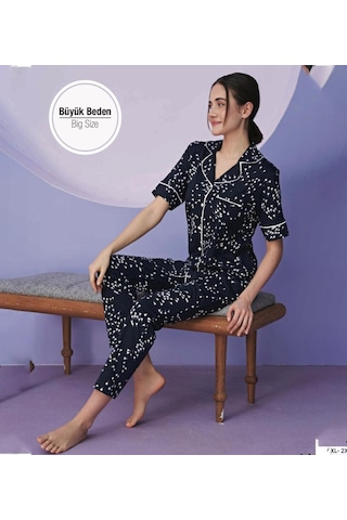 Miss Klein Kadın Büyük Beden Gömlek Yaka Pamuklu Likralı Kısa Kol Pijama Takımı 1130 - 1 Adet Lacivert