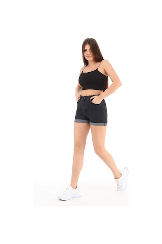 Cedy Denim Kadın Yüksek Bel Duble Paça Kot Şort Klasik Mini Jean Şort C604 Antrasit
