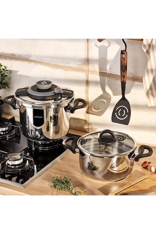 Emsan Vera 2'li Düdüklü Tencere Seti 4+6 Litre Siyah Gümüş - Siyah