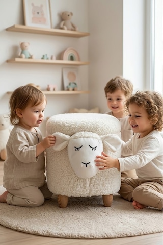 Argimo Mellow Kuzu Figürlü Bebek Çocuk Odası Sandıklı Puf Beyaz
