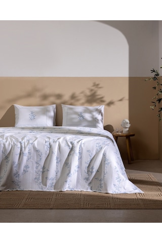 Madame Coco Maria King Size %100 Pamuk Karde Baskılı Pike Takımı - Mavi 8684427310571 Çok Renkli