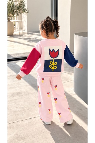Elzo Collection Kız Çocuk Dokuma Gabardin Pantolon Lale Baskılı Sweatshirt Şardonsuz 3iplik Kumaş Alt Üst Takım Çok Renkli