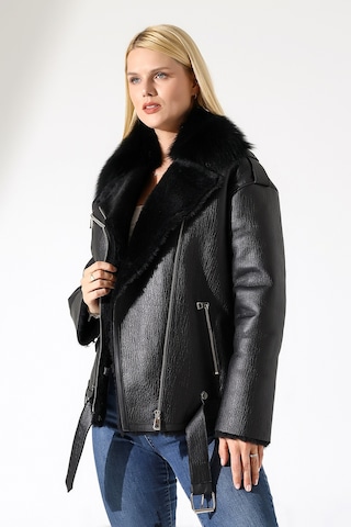 M M Marki Marki Kadın Hakiki Deri Mont, Siyah, Oversize, İçi Kürklü, 74 Cm, Kemerli