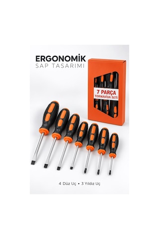 7 Parça Ergonomik Tornavida Seti 4 Düz Ve 3 Yıldız Uçlu Farklı Boy Tornavidalar