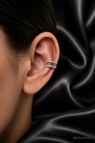 Sıralı Taşlı Kıkırdak Çelik Küpe Earcuff Gümüş