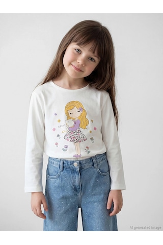 LC Waikiki Lcw Kids Beyaz Bisiklet Yaka Uzun Kollu Baskılı Kız Çocuk Tişört Ecru
