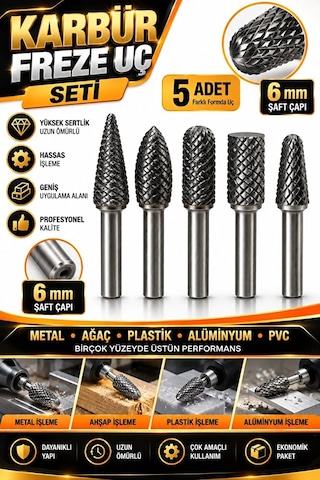 Karbür Freze Uç Seti 5 Parça 6 Mm Şaft Metal Ahşap Alüminyum Pl