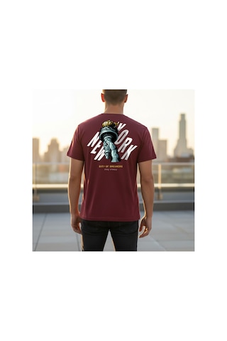 Urbantrendstore Unisex Özgürlük Heykeli Oversize Fit Rahat Geniş Salaş T-shirt Günlük Tişört Bordo