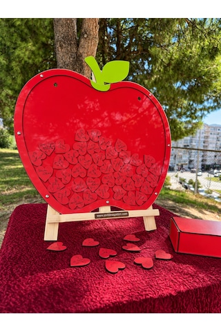 Öğretmenler Gününe Özel Kırmızı Elma Desenli Hatıra Anı Kutusu (50CM) Kalem ve Şövale Hediyeli