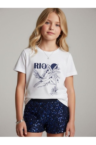 Zekids Kız Çocuk Rio Baskılı Basic T-shirt-16971 Ekru