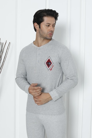 Falkom 5006 İnterlok Kalın Kışlık Çizgili Erkek Ev Pijama Takımı Gri