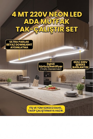 4 Metre Neon Esnek Şerit Led 220v +fiş Beyaz Işık Tak Çalıştır Tezgah Ve Mutfak Aydınlatması Led Şerit Beyaz