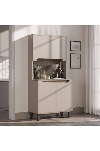 Defne Kahve Köşesi, Çok Amaçlı Dolap, 4 Kapaklı Kiler Dolabı, Mutfak Dolabı 90 Cm Atlantik Çam - Kumtaşı