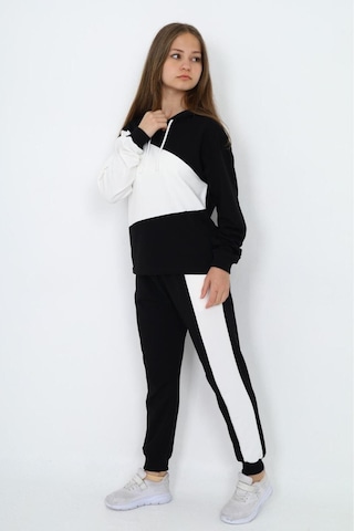 Kız Çocuk %100 Pamuk Garnili Kapüşonlu Uzun Kol Alt&üst Eşofman Takım-eşt-0018 Siyah