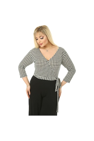 Melsay Butik Kruvaze Yaka Kazayağı Desen Büyük Beden Kadın Tulum