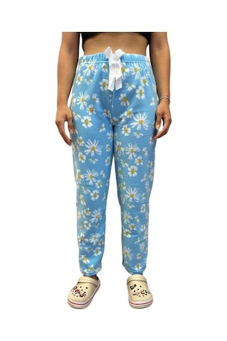Mihra Kadın Desenli Yumuşak Polar Kışlık Pijama Eşofman Tek Alt Mavi