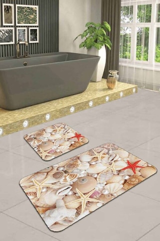 Bej Deniz Kabuklu Banyo Halısı Klozet 2'li Paspas Seti Bs212n11