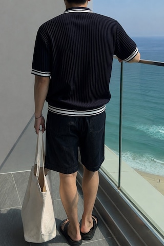 Tarz Cool Oversize Fit Çizgili Triko Polo Yaka Erkek Tişört Ribana Dokulu Premium Yazlık Model Siyah