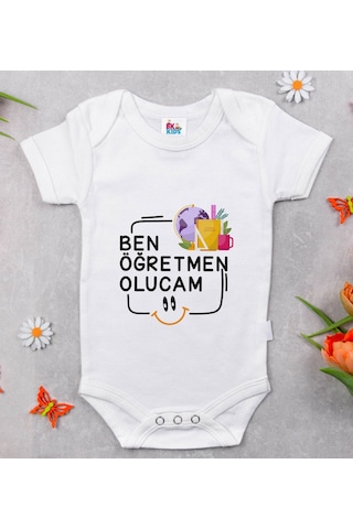 Bk Gift Bk Kids Öğretmen Olucam Tasarımlı Beyaz Bebek Body Zıbın-1 Çok Renkli