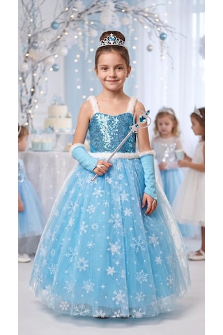Butik Happy Kids Elsa Kız Çocuk Prenses Kostümü Askılı Payetli Kar Taneli Elbise - Taç Asa Eldiven Hediyeli Mavi