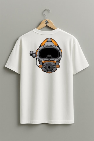 Oversize Dalgıç Başlığı - Diving Helmet Cep Ve Sırt Tasarımlı Unisex T-shirt Beyaz
