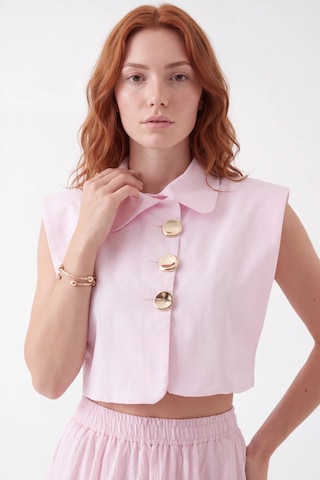 CEMO Gold Düğme Detaylı Vatkalı Crop Yelek Keten Pantolon Takım Pembe