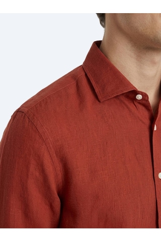 Kip Kiremit Düz Regular Fit Uzun Dokuma Casual Pamuk Karışımlı Gömlek