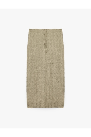 Koton Beli Bağcıklı Slim Fit Bürümcük Kumaş Dokulu Midi Kalem Etek Haki 6wak10203ek Haki