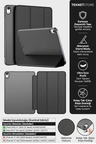 İpad 11. Nesil A16 Ve 10. Nesil 10.9" Uyumlu Kılıf A3355 A2696 Ultra İnce Standlı Kapak Siyah Kapaklı Kılıf