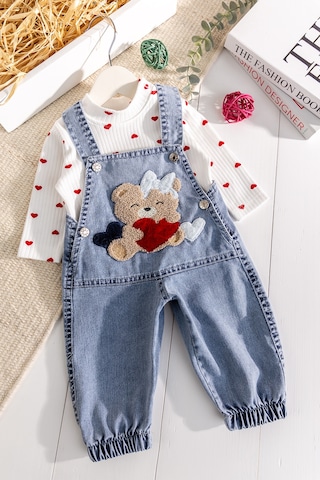 Babymod Ayıcık Figürlü Denim 2'li Kız Bebek Kot Salopet Tulum Mavi