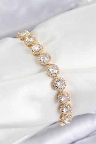 Pirinç Zirkon Taşlı Daire Baget Model Gold Renk Vıp Seri Kadın Bileklik Çok Renkli