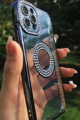 Apple Uyumlu iPhone 13 Pro Kılıf Kamera Korumalı Taş Süslemeli Arkası Şeffaf Redclick Asya Kapak - Siyah