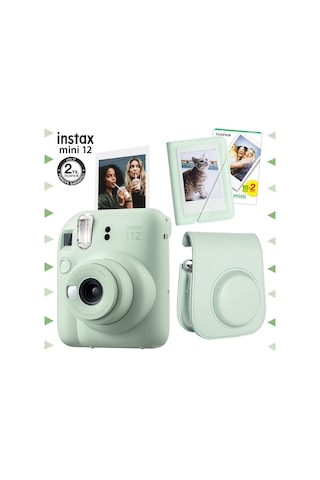 Fujifilm Instax Mini 12 Fotoğraf Makinesi + 20'li Film + Mini Albüm + Deri Kılıf Seti Yeşil