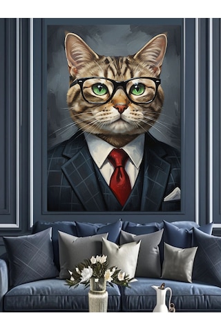 Kedi İş Adamı Takım Elbise Dekoratif Kanvas - Mdf Ahşap Tablo