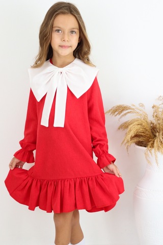 Kız Çocuk Rashel Kırmızı Yakalı Fırfırlı Uzun Kol Keten 23 Nisan 29 Ekim Gösteri Elbisesi Kırmızı