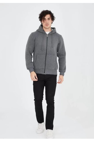 Modi Unisex Tam Fermuarlı Kapşonlu Sweatshirt - Füme Açık Siyah