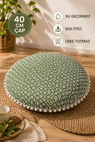 Yuvarlak Dekoratif Minder 40 Cm Yeşil Çiçek Desenli Puf Minder Beyaz Ponponlu Şık Ev Aksesuarı Çok Renkli