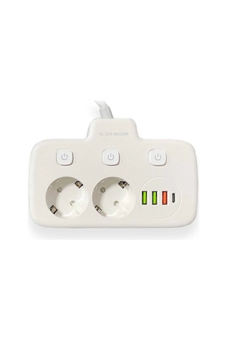Akım Korumalı 2 Li Ayrı Anahtarlı Priz, 2x Priz, 3x Usb, 1x Type-c, 2 Mt Kablo, Hızlı Şarj 0-2