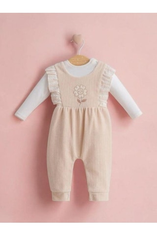 Kız Bebek 2 Li Çiçek İşlemeli Tulum-15270 Bej