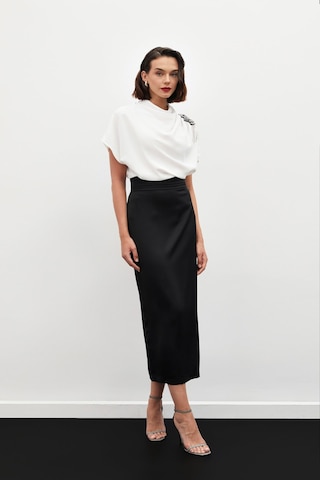 Sateen Bel Pile Detaylı Saten Etek - Siyah
