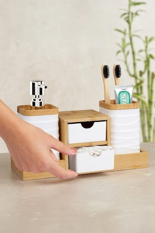 Beyaz Bambu Çekmeceli Sıvı Sabunluk Ve Diş Fırçalıklı Banyo Organizeri Beyaz