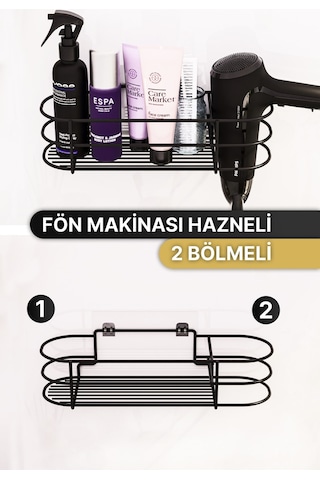 Bino Yapışkanlı Saç Kurutma Makinesi Banyo Düzenleyici Organizer Raf Siyah
