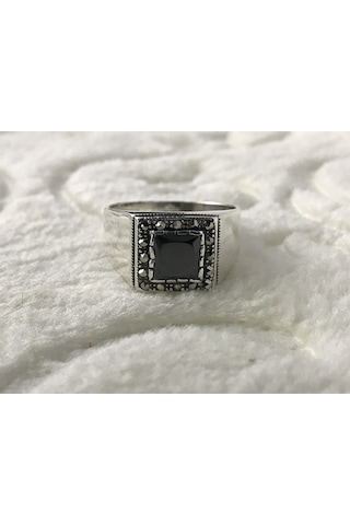 Siyah Zirkon Ve Markazit Taşlı 925 Ayar Gümüş Erkek Yüzük