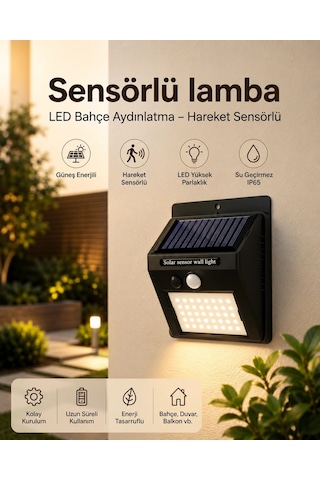 Mey İthalat Sensörlü, Güneş Enerjili Led Duvar Lambası Bahçe Ve Balkon Aydınlatma Çok Renkli